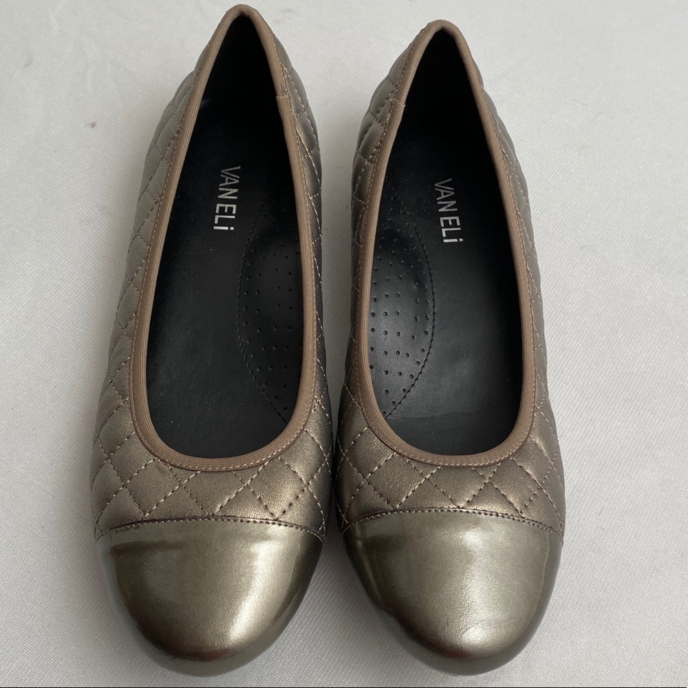 Vaneli metallic taupe gold quilted back patent leather toe flat shoes
